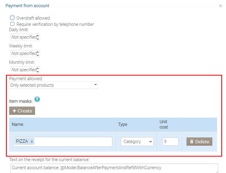 Payment from Account action settings
