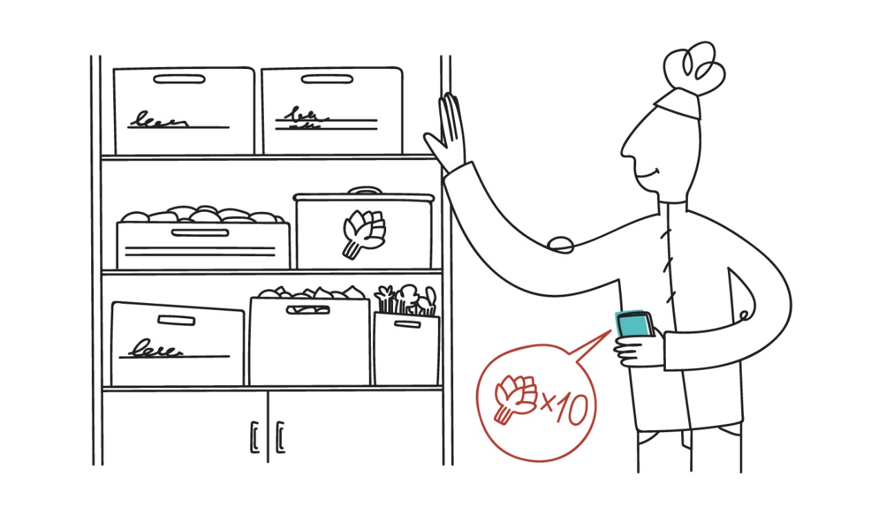 A cartoon of a chef standing in front of a shelfDescription automatically generated