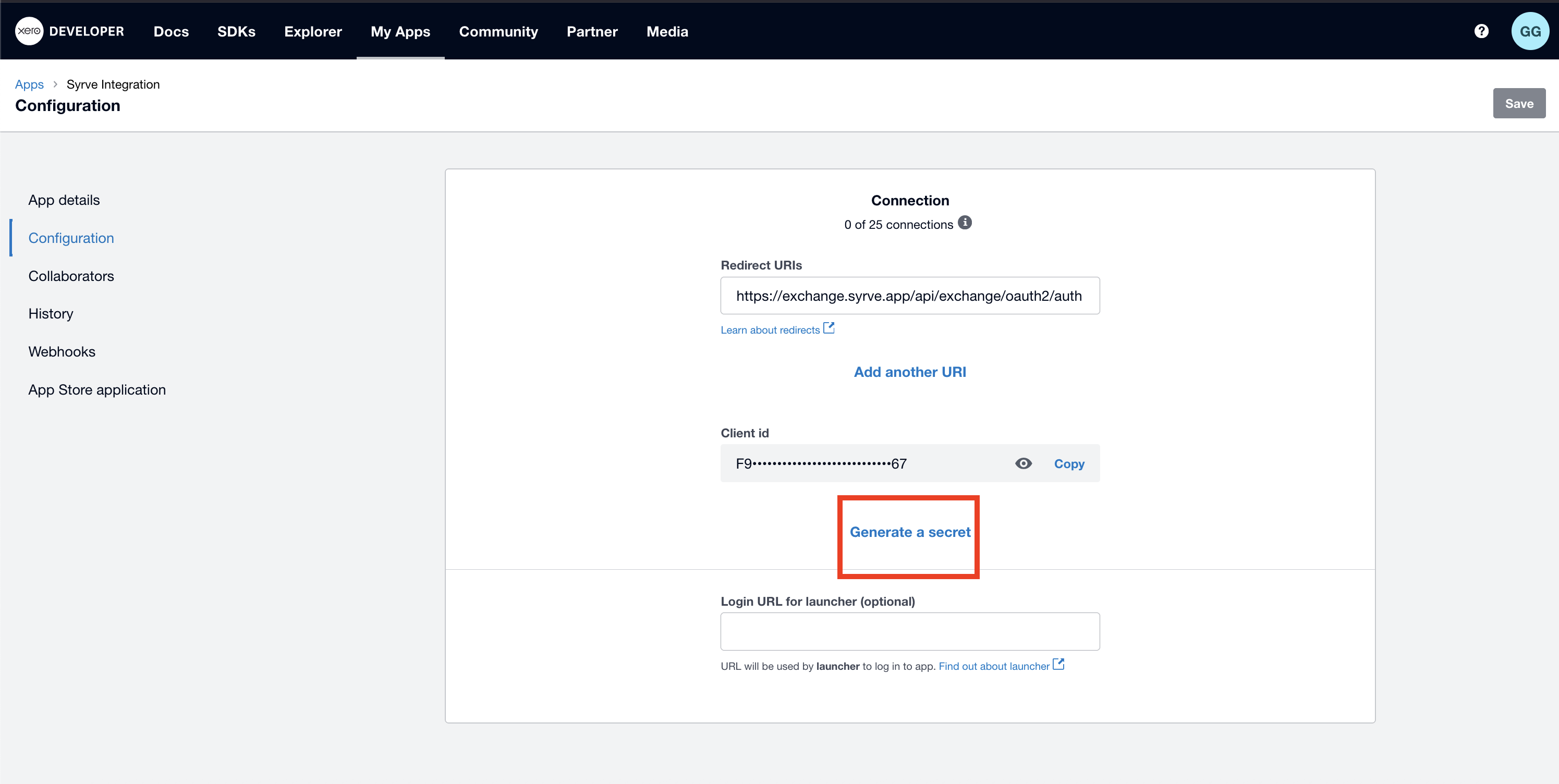 Generowanie Client Secret w ustawieniach aplikacji Xero