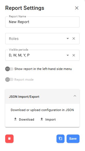 JSON Import and Export options in the custom report settings