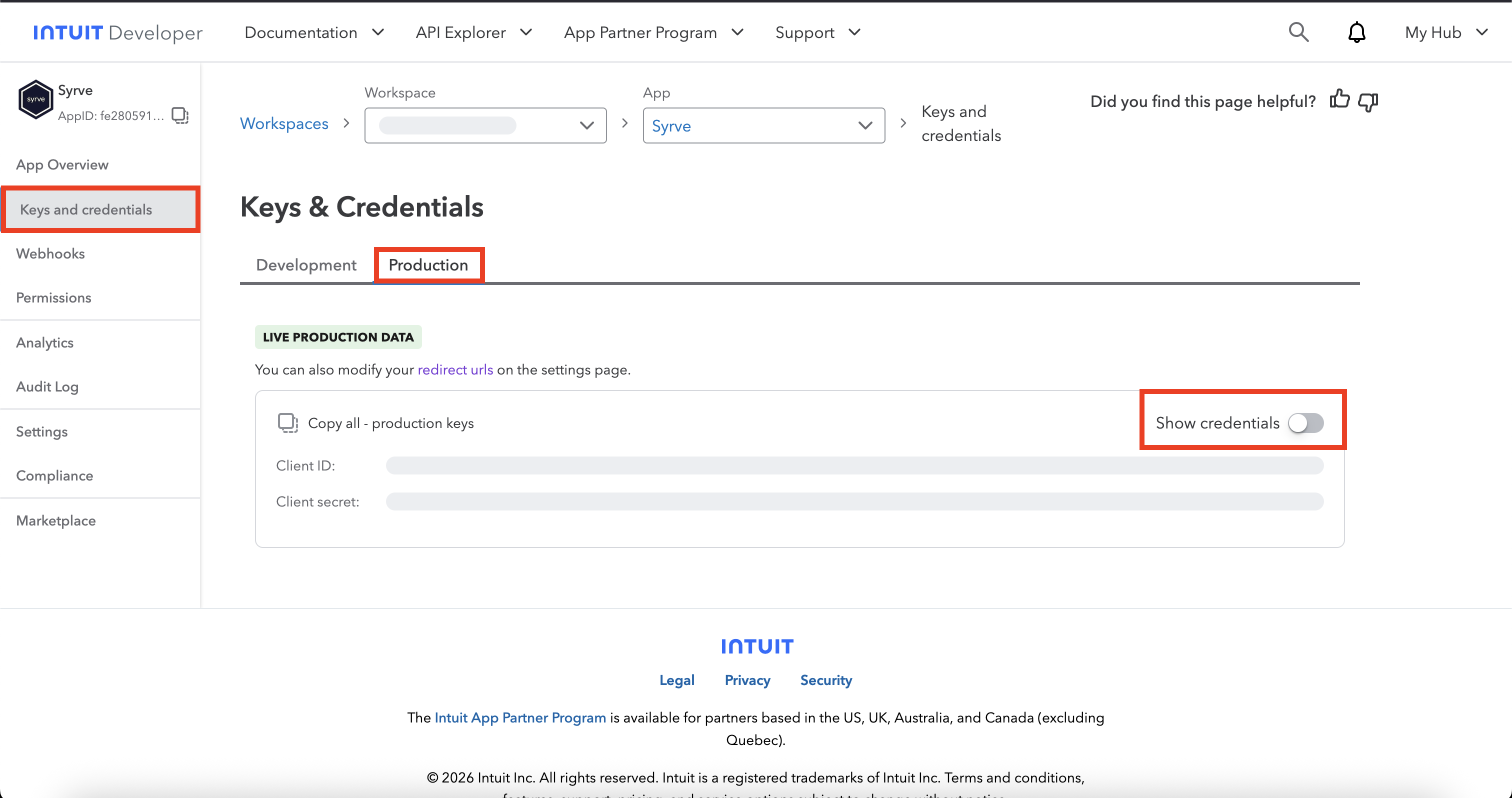Client ID and Client Secret on the Intuit Developer Keys and OAuth page