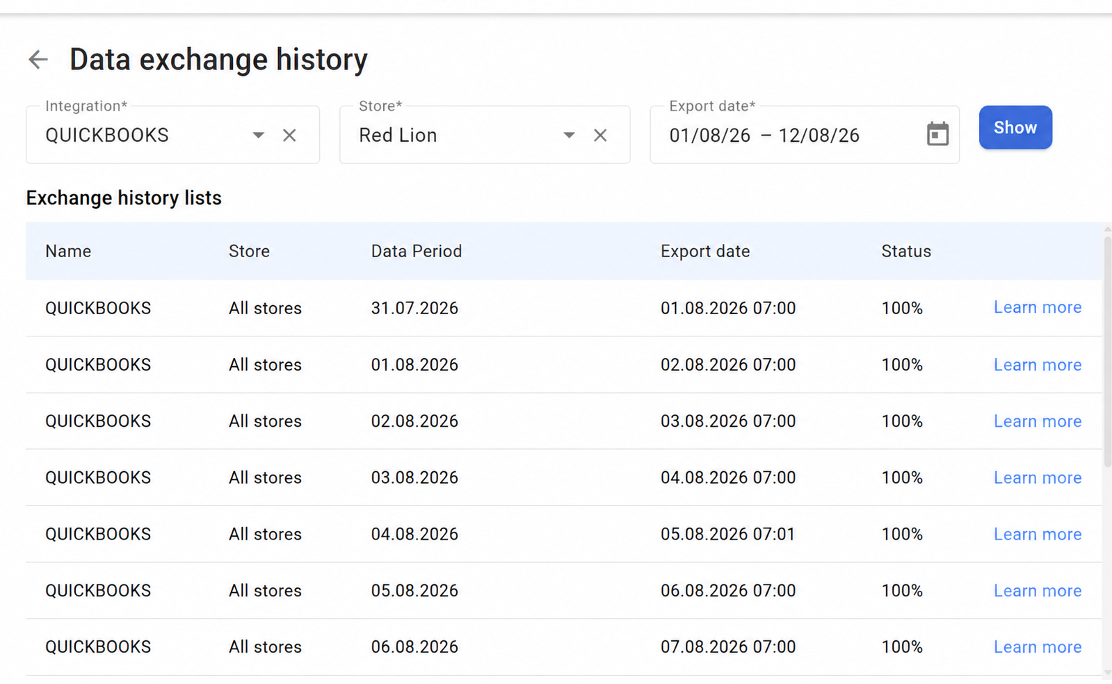 Historia eksportu QuickBooks