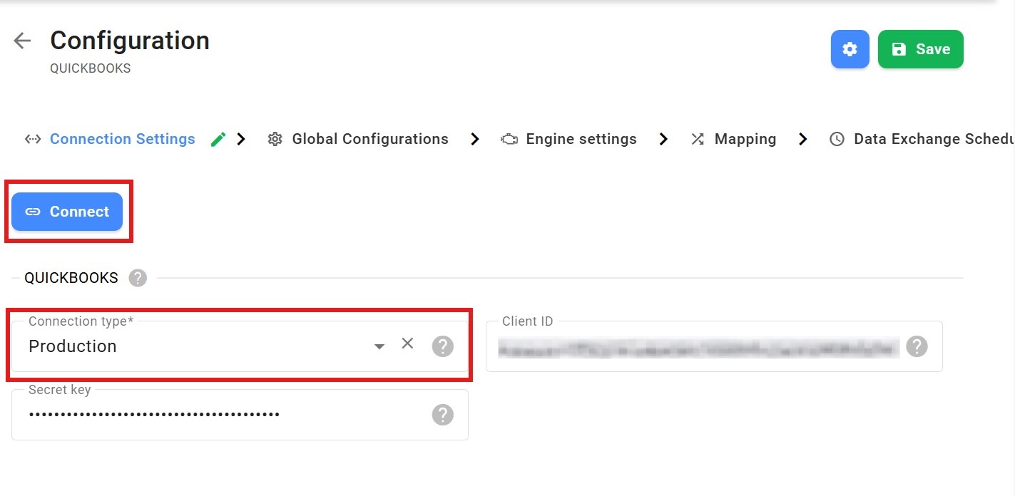 QuickBooks connection settings