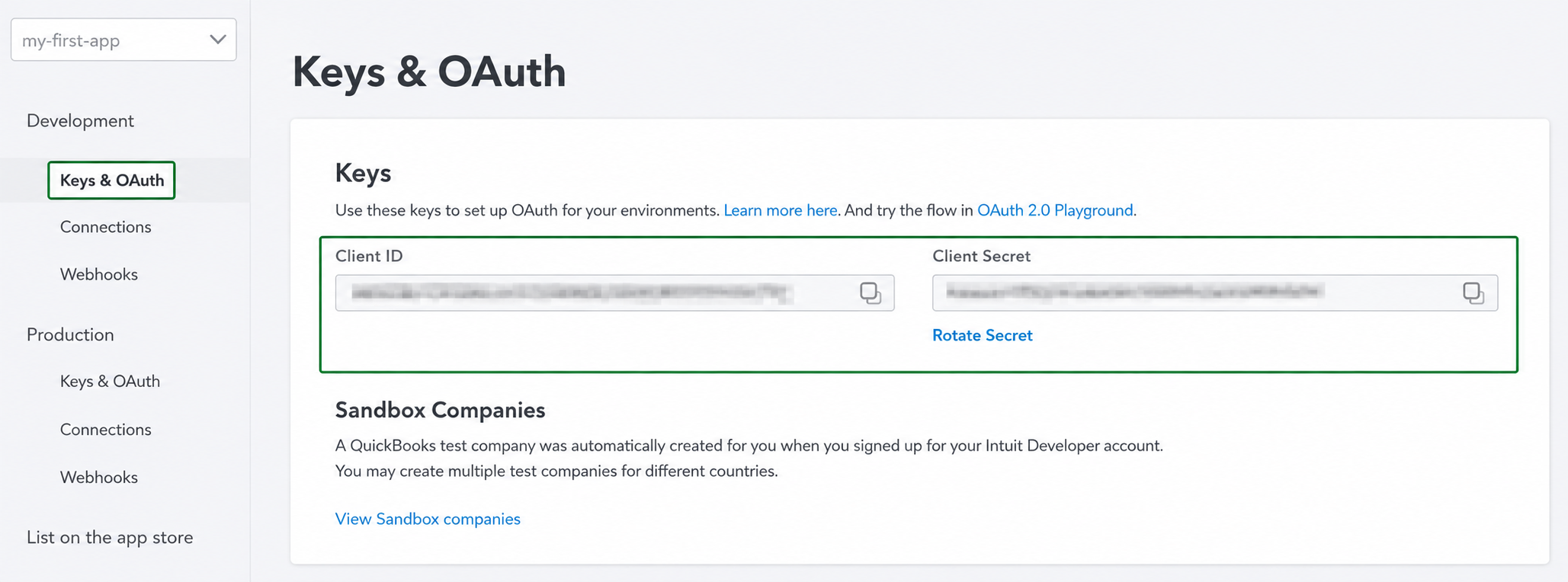 Client ID and Client Secret on the Intuit Developer Keys and OAuth page