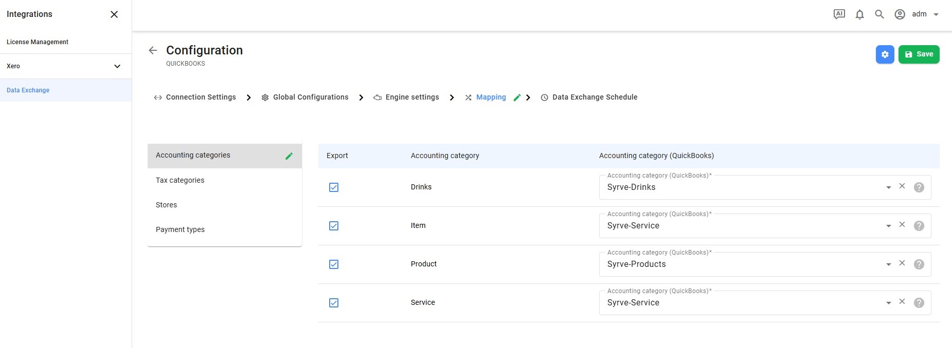 Mapping accounting categories to QuickBooks items