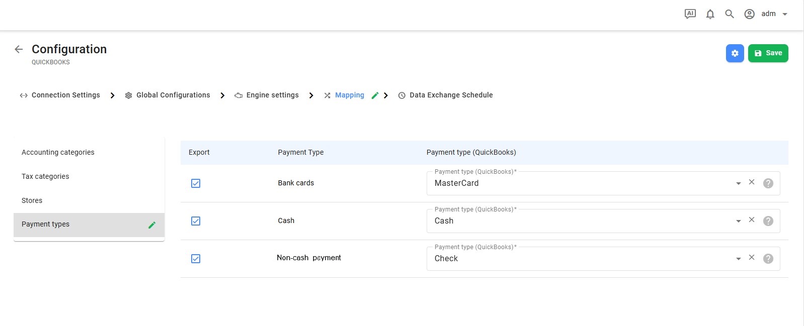Mapping payment types to QuickBooks accounts
