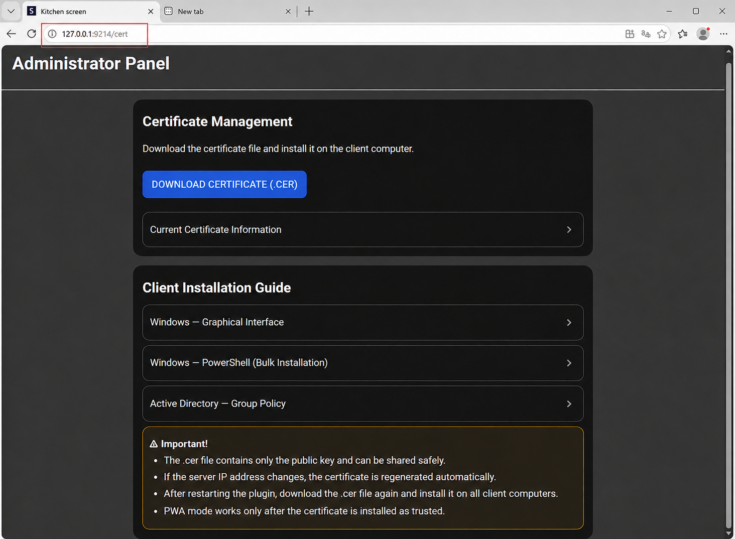WebKDS certificate page address