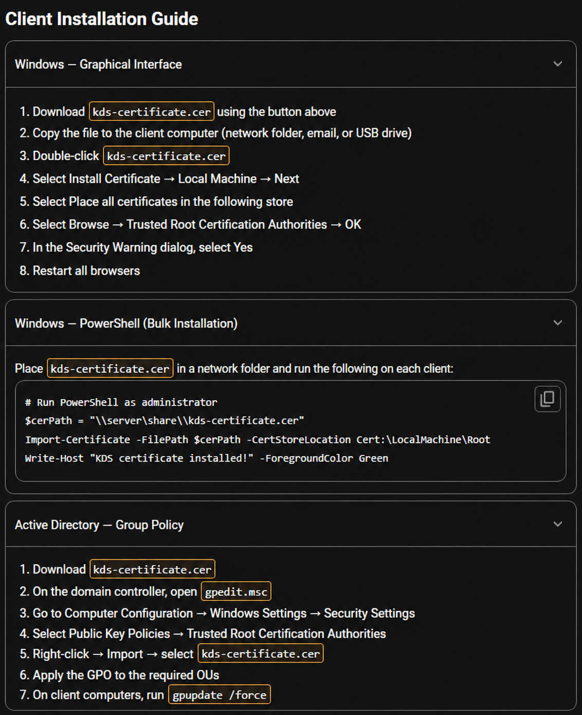 Certificate installation options