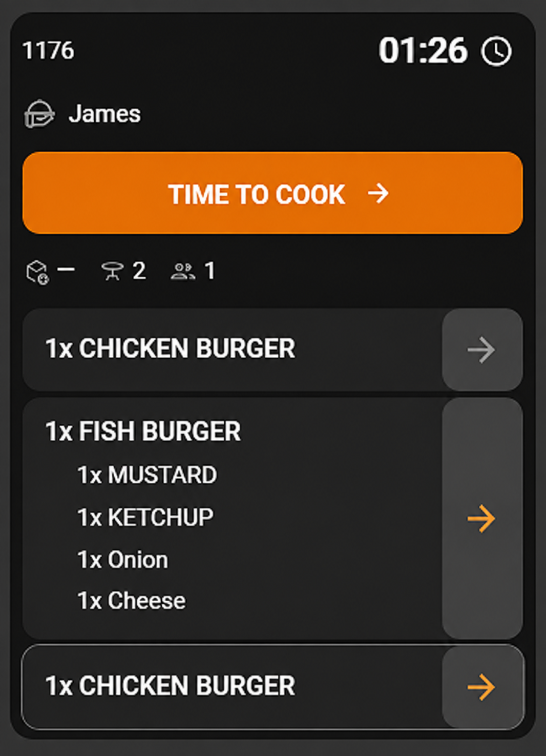 Newly added item highlighted on an order card