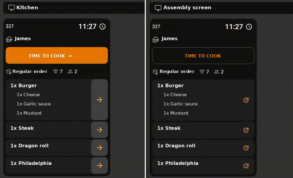 The same order moving between cook and expediter displays